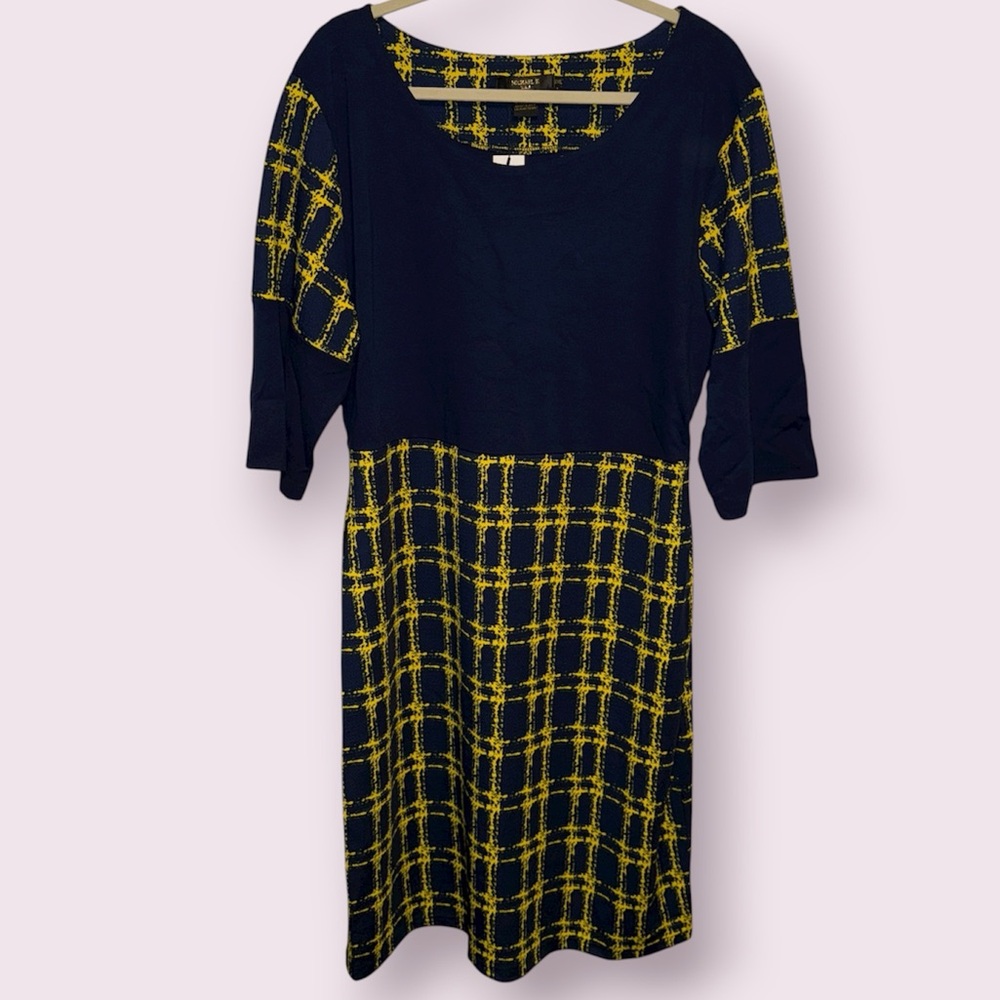 ⬇️Michael K Navy and Yellow Checkered Midi Dress